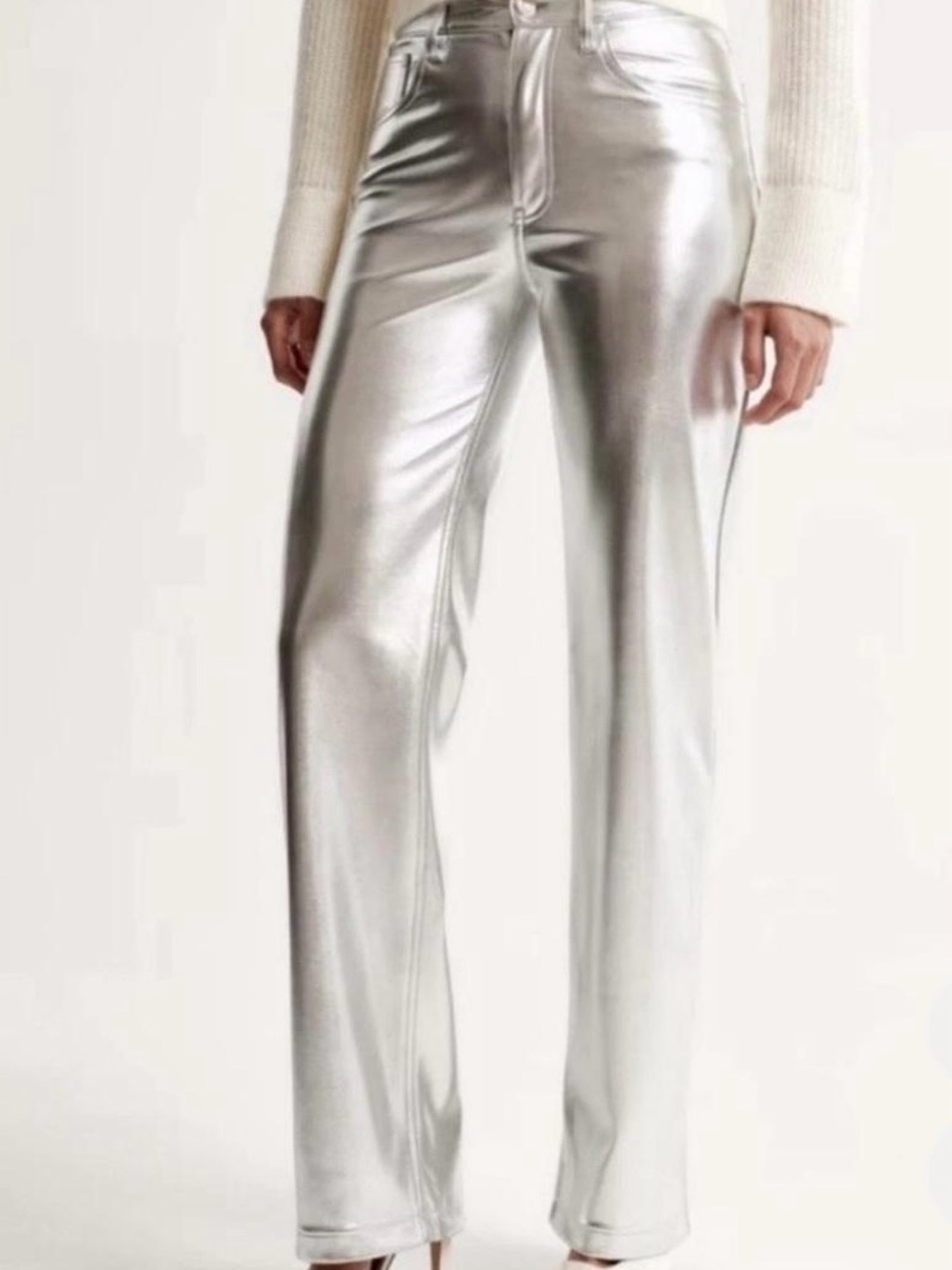 Abercrombie & Fitch Curve Love Silver Metallic Wide-Leg Pants size 28s